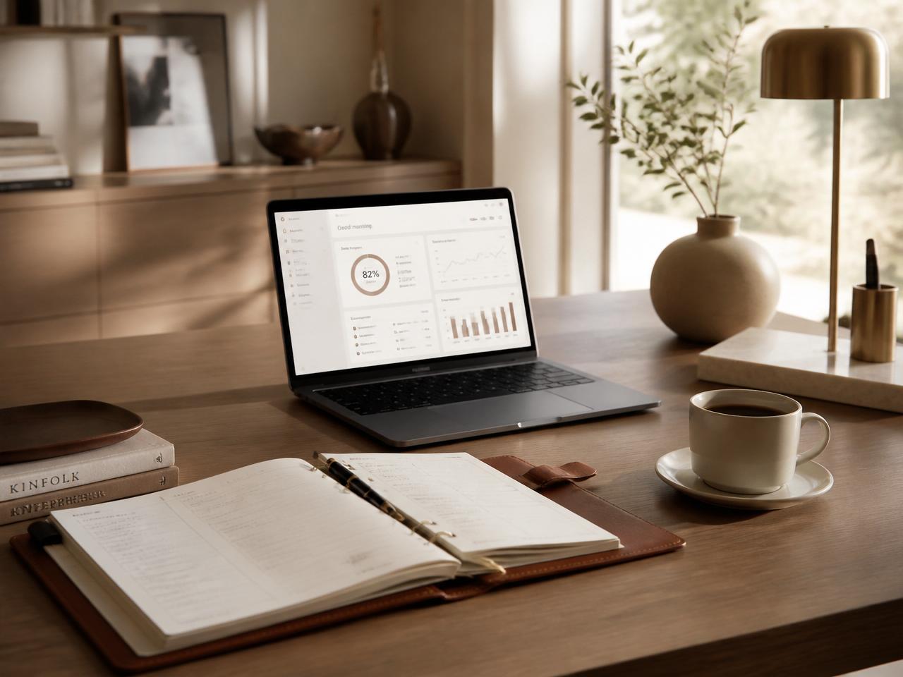 Organized executive workspace with planner, laptop dashboard, and warm ambient light